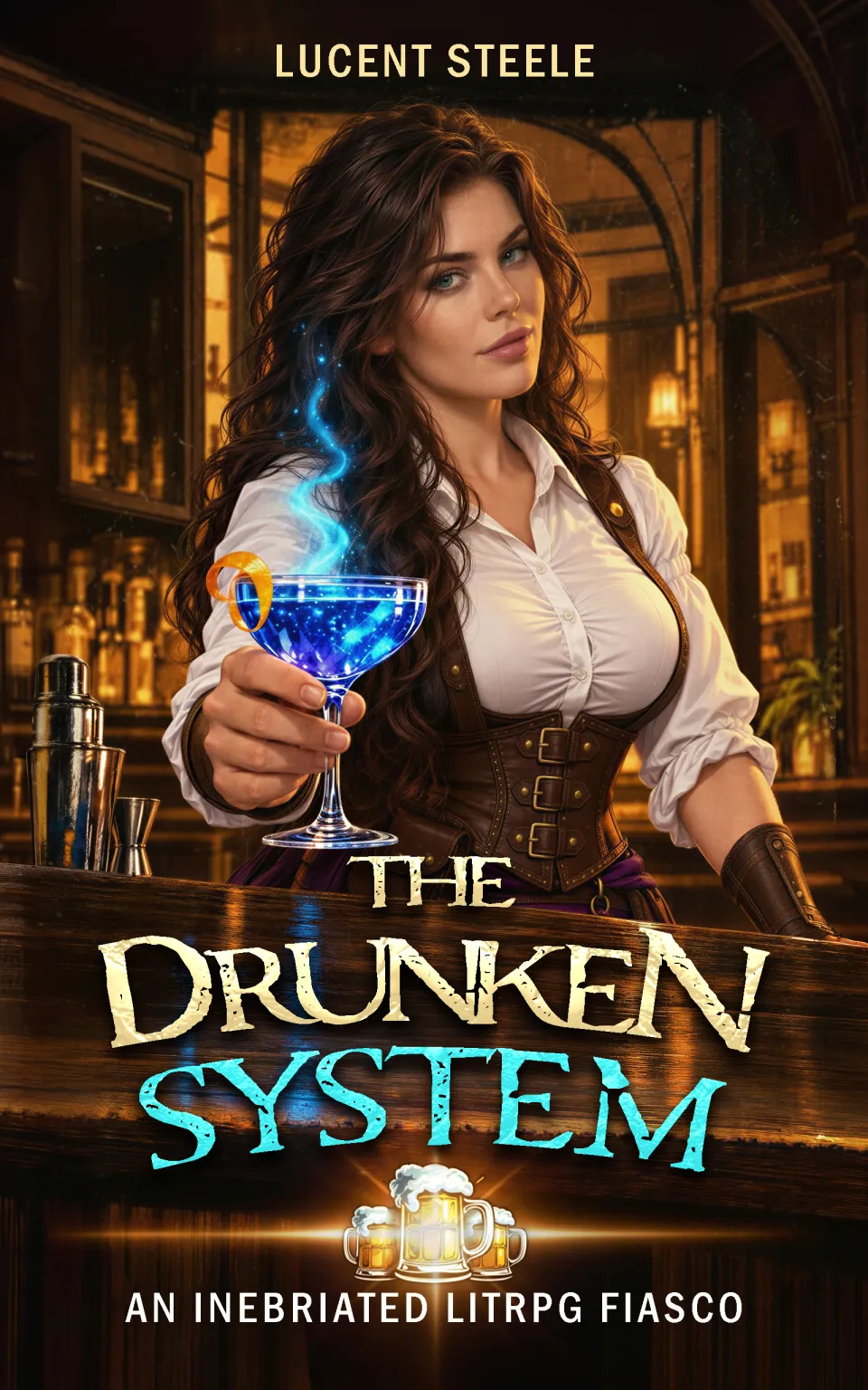 The Drunken System by Lucent Steele. A tavern bartender offers a glowing blue cocktail.